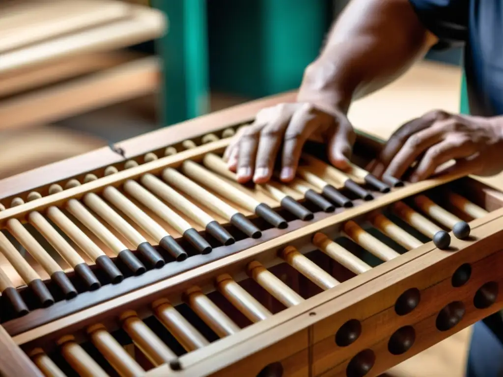 Un artesano experto talla con cuidado las teclas de madera de una marimba tradicional, mostrando su concentración y destreza