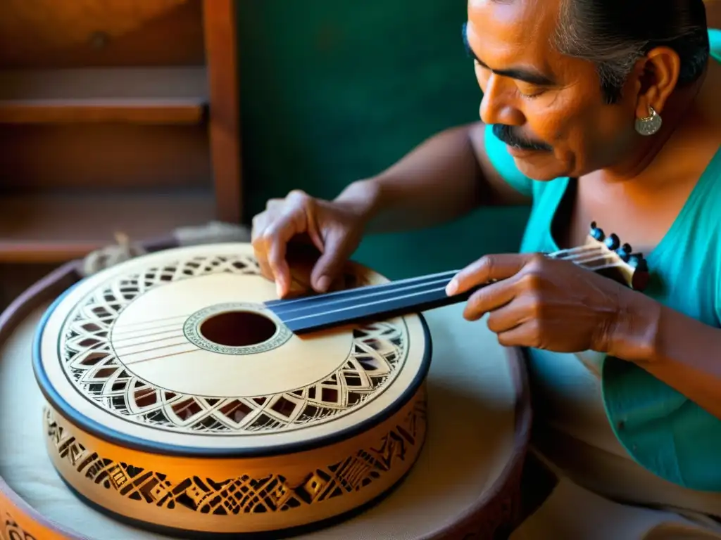 Un artesano experto talla con cuidado una vihuela mexicana, mostrando la rica historia y construcción de este icónico instrumento musical