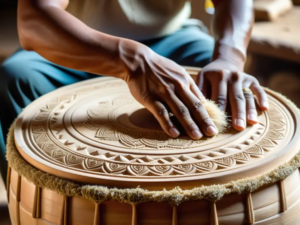 Un artesano experto talla con cuidado la madera de una caja vallenata, mostrando la construcción tradicional y el sonido único