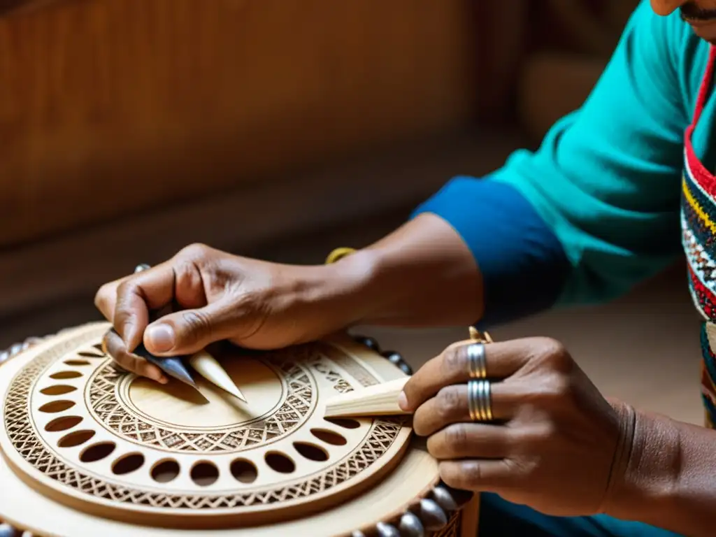 Un artesano experto talla con cuidado un charango, destacando la artesanía en la construcción del charango en América del Sur