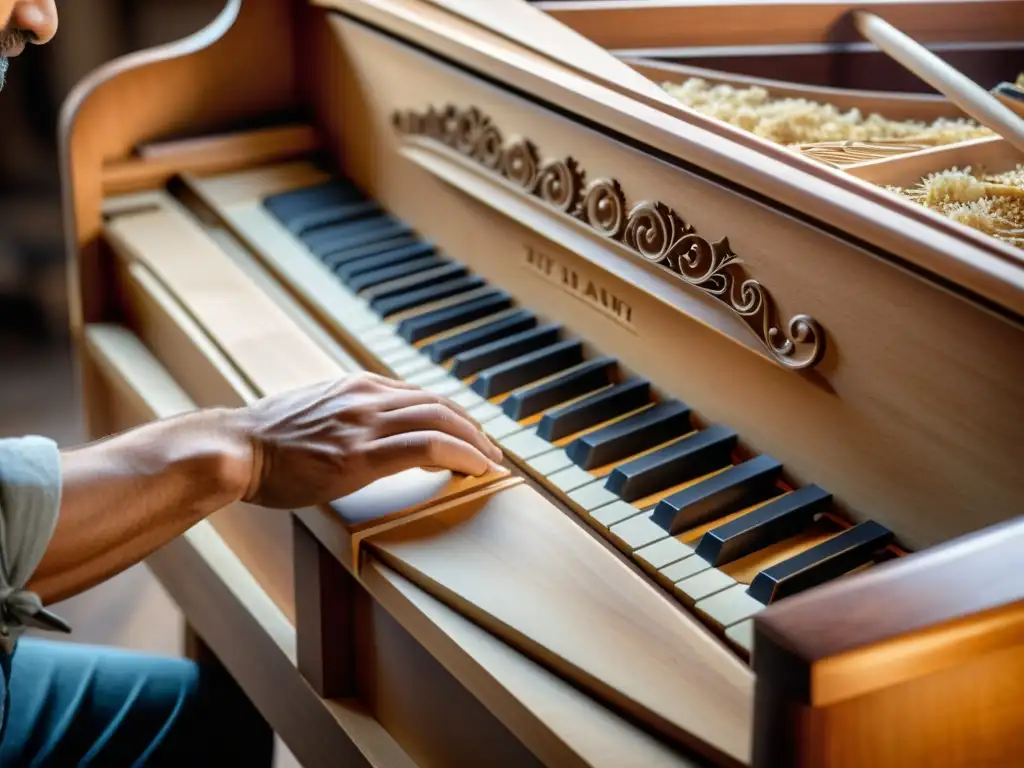 Un artesano experto talla con precisión las curvas elegantes de un fortepiano de madera, con virutas flotando en el aire