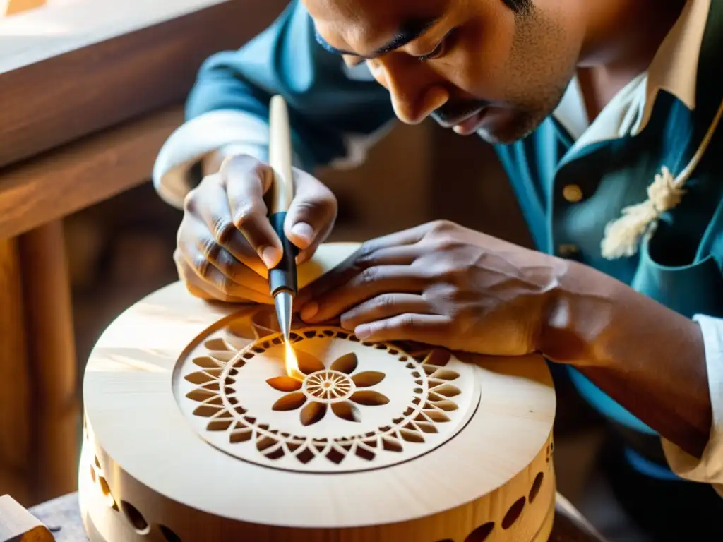 Un artesano experto talla con delicadeza un corno inglés a mano, con virutas de madera flotando en el aire