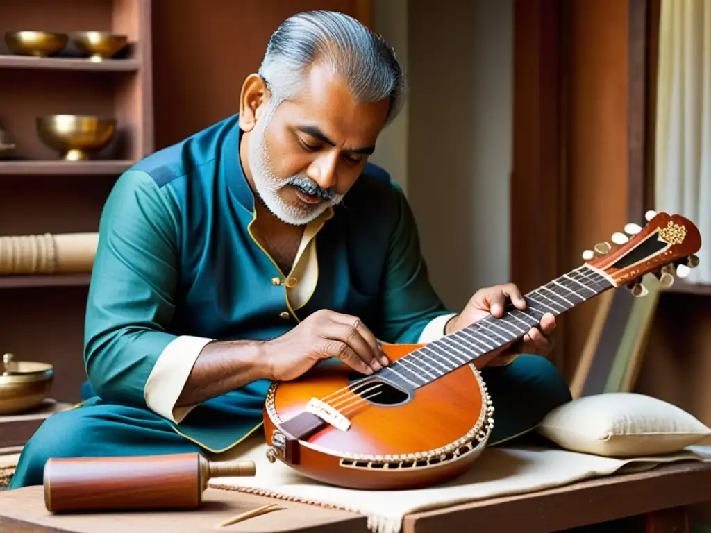 Un artesano experto talla delicados diseños en un sitar, rodeado de herramientas tradicionales y materiales