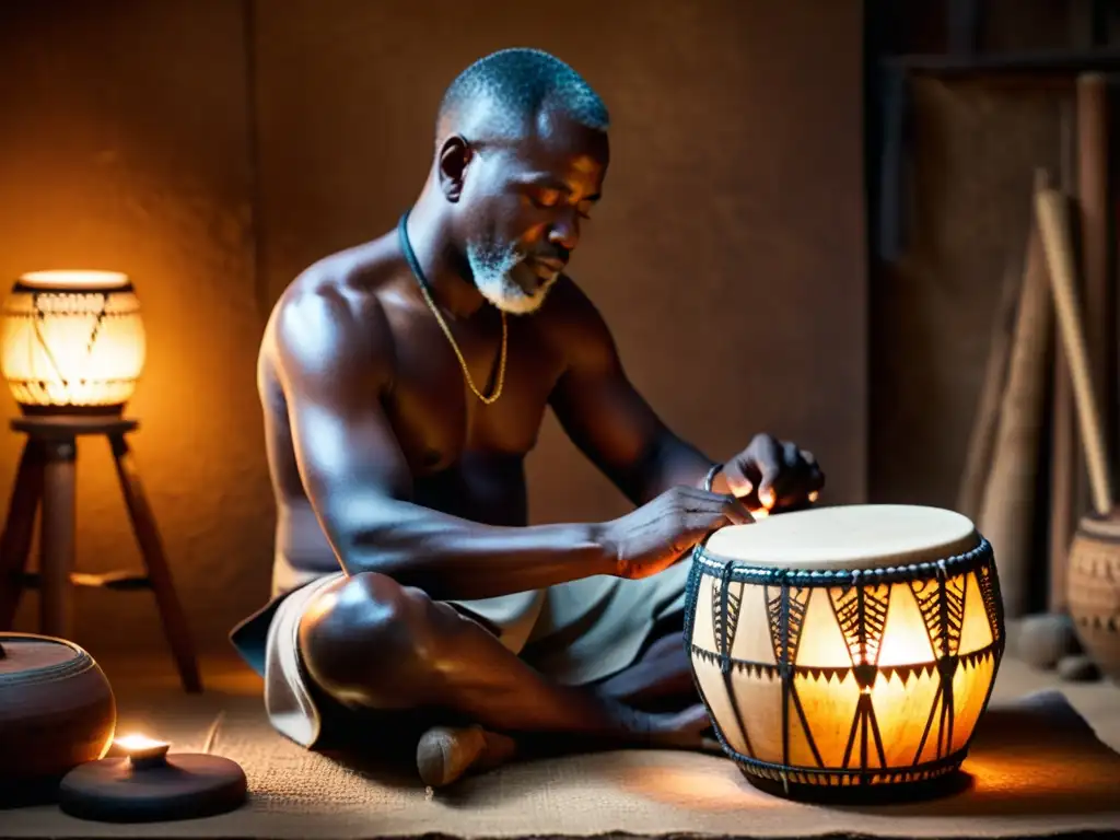 Un artesano experto talla con destreza diseños en un tambor Djembe en un taller cálido y tenue, evocando la fabricación tradicional tambores Djembe