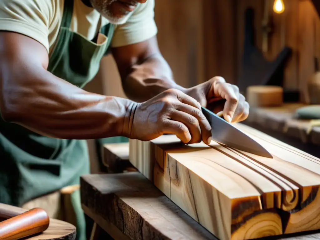 Artesano experto esculpe rabeca brasileña con maestría Un artesano experto talla con destreza una rabeca brasileña, mostrando la historia y construcción de este instrumento tradicional