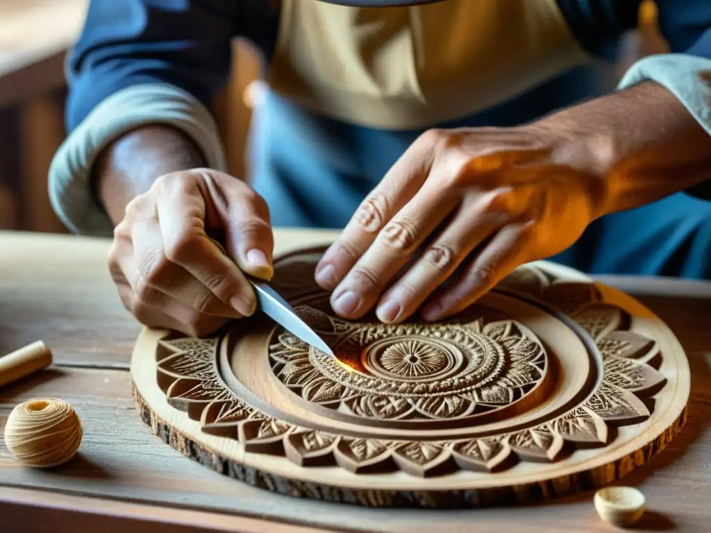 Un artesano experto talla con destreza diseños intrincados en una pieza de madera de ney persa, con la luz natural resaltando sus habilidades