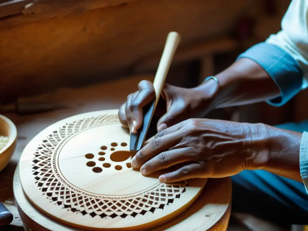 Un artesano experto talla con destreza un charango andino, demostrando la dedicación y la maestría en la construcción del instrumento