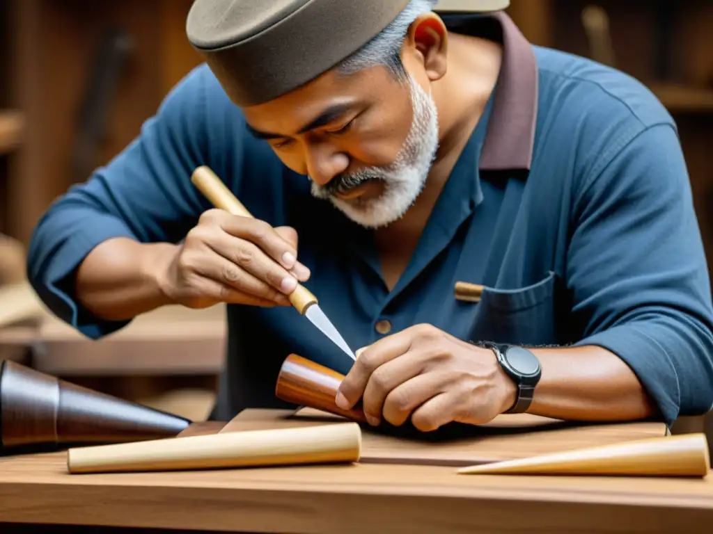 Un artesano experto talla con destreza un aerófono de madera, destacando la artesanía y el impacto cultural de su construcción