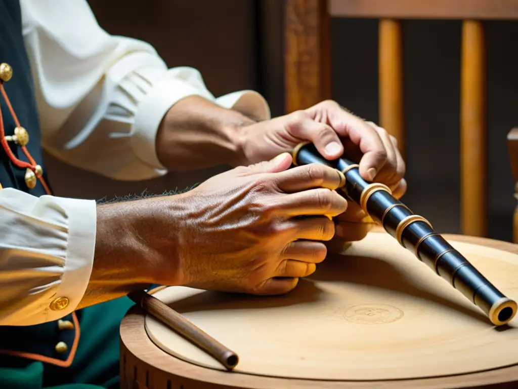 Un artesano experto talla con destreza una gaita gallega, evocando la rica historia y sonido de este instrumento tradicional