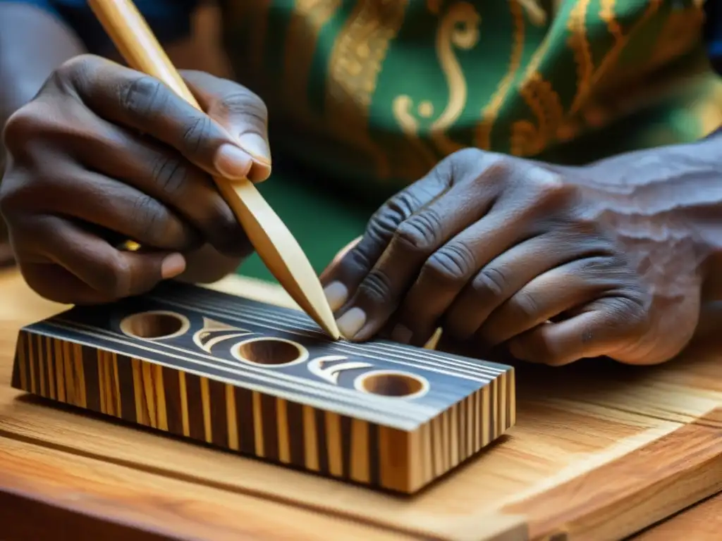 Un artesano experto talla con destreza las teclas de madera de un balafón, resaltando la artesanía y tradición en la construcción y sonido del balafón