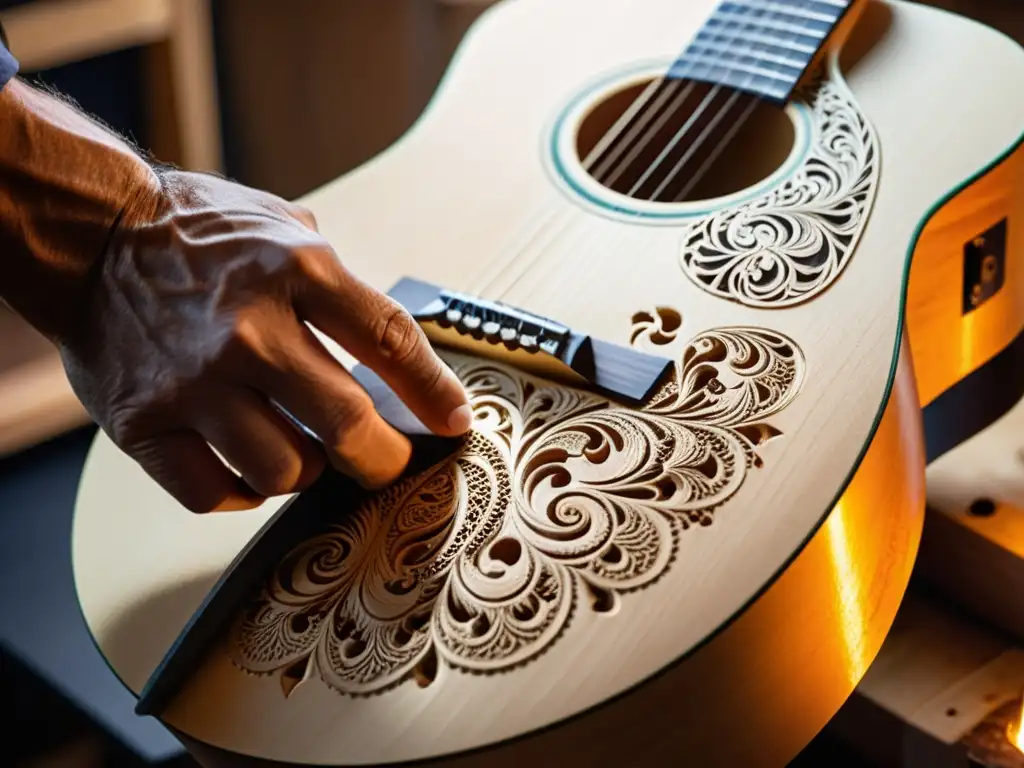 Un artesano experto talla diseños en una guitarra sostenible, mostrando el proceso creación guitarras sostenibles con precisión y pasión