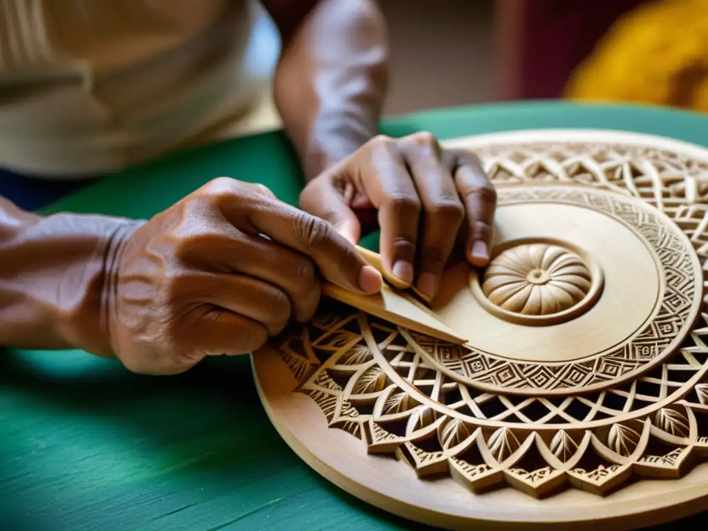 Un artesano experto talla delicadamente diseños en una bordonua, destacando la historia y construcción de la bordonua