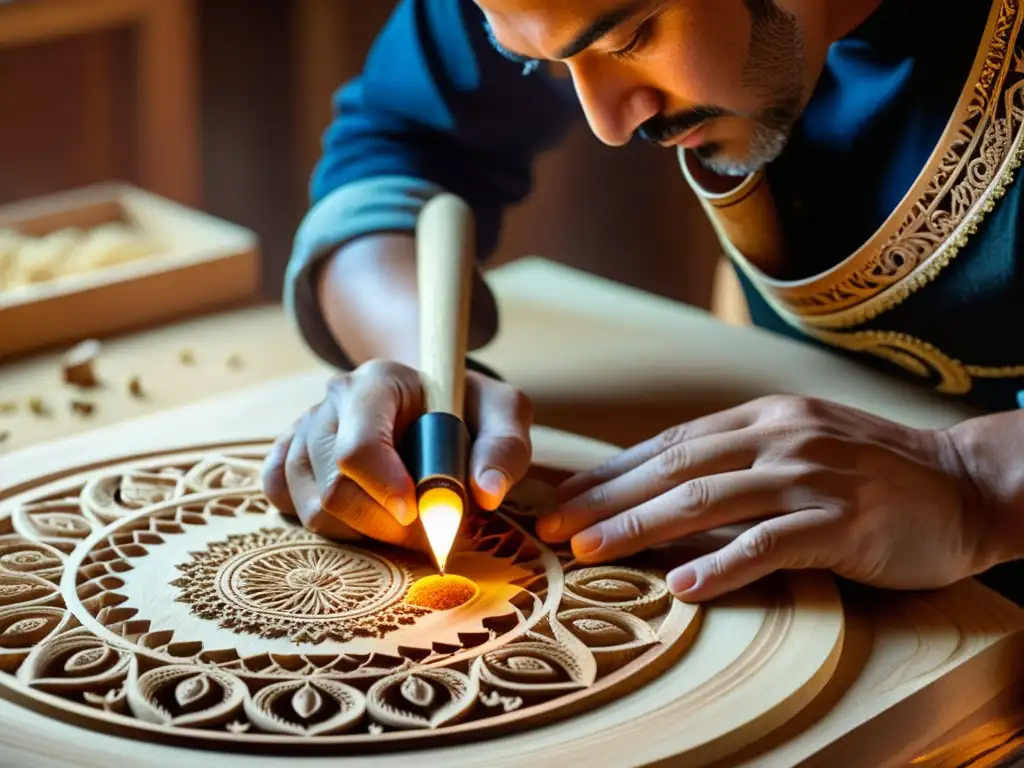 Un artesano experto talla diseños en un chalumeau de madera, con destellos cálidos y detallada artesanía