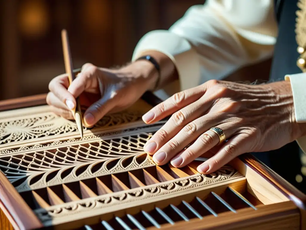 Un artesano experto talla delicadamente diseños en la madera de un címbalo, en un taller tradicional que exuda historia y construcción del címbalo