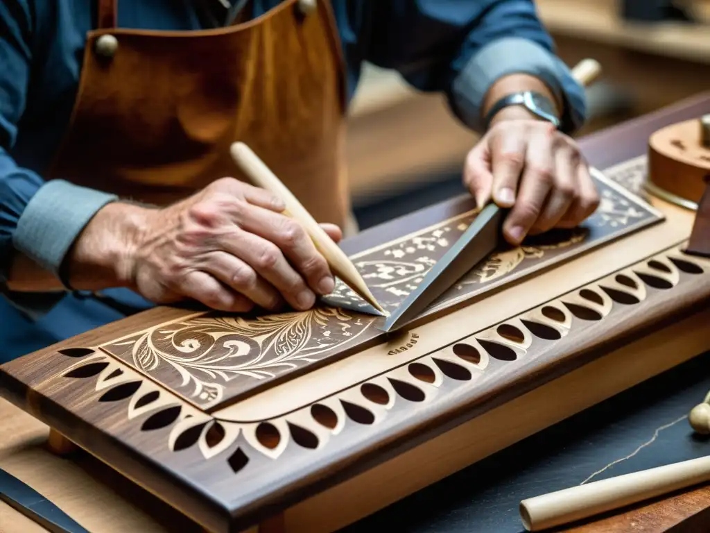 Un artesano experto talla con precisión diseños en un dulcimer de martillo, mostrando la historia y la construcción de este instrumento artesanal