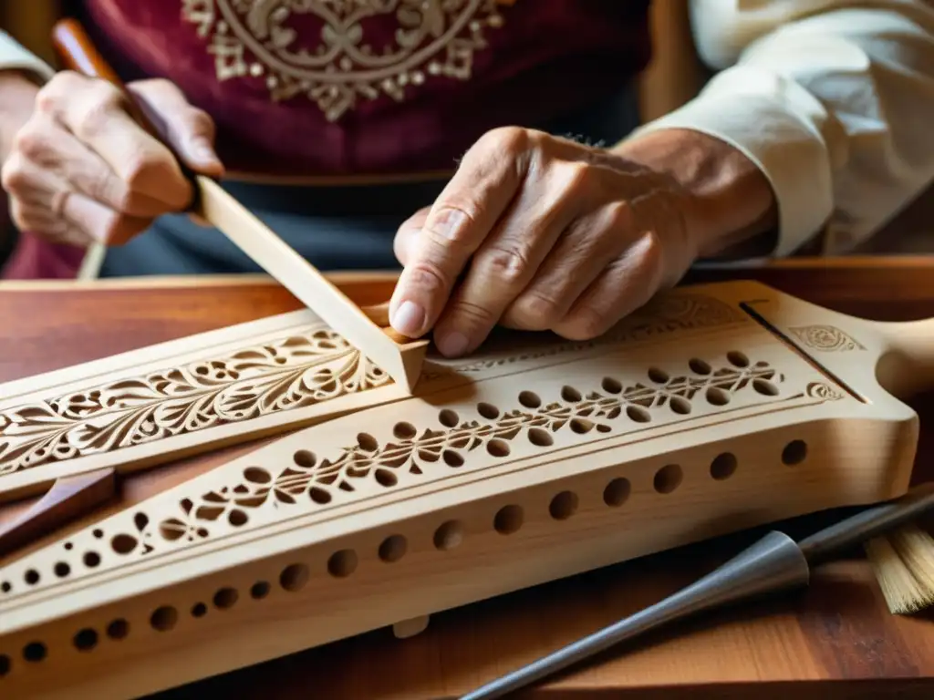 Un artesano experto talla diseños en un dulcimer de martillo entre herramientas de carpintería