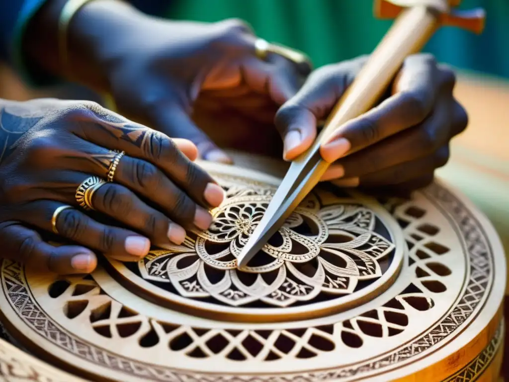 Un artesano experto talla diseños en un Sintir, instrumento musical Gnawa, con manos hábiles y tatuadas con henna, resaltando su significado cultural