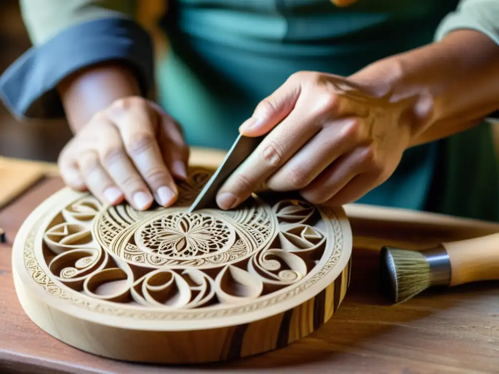 Un artesano experto talla diseños intricados en madera sostenible para crear instrumentos musicales ecológicos