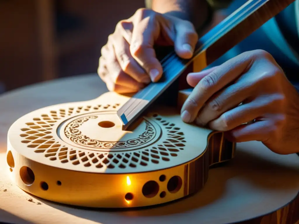 Un artesano experto talla con precisión diseños en una guitarra flamenca, destacando el proceso artesanal de madera