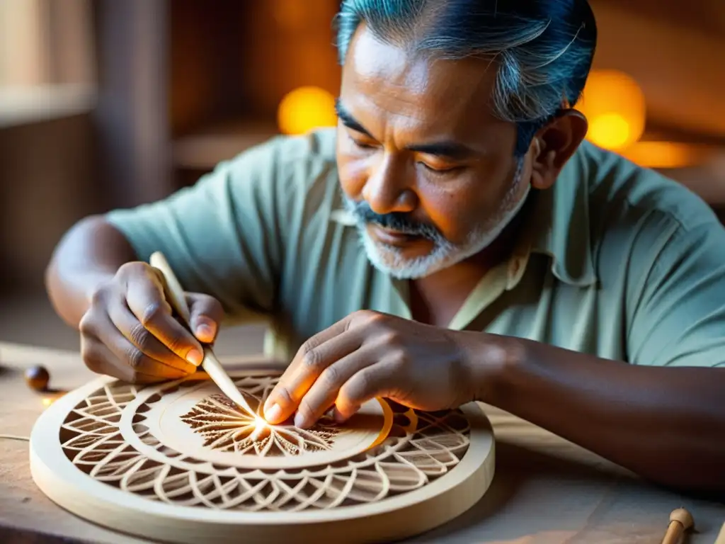 Un artesano experto talla diseños en un instrumento musical artesanal, con una cálida luz de taller