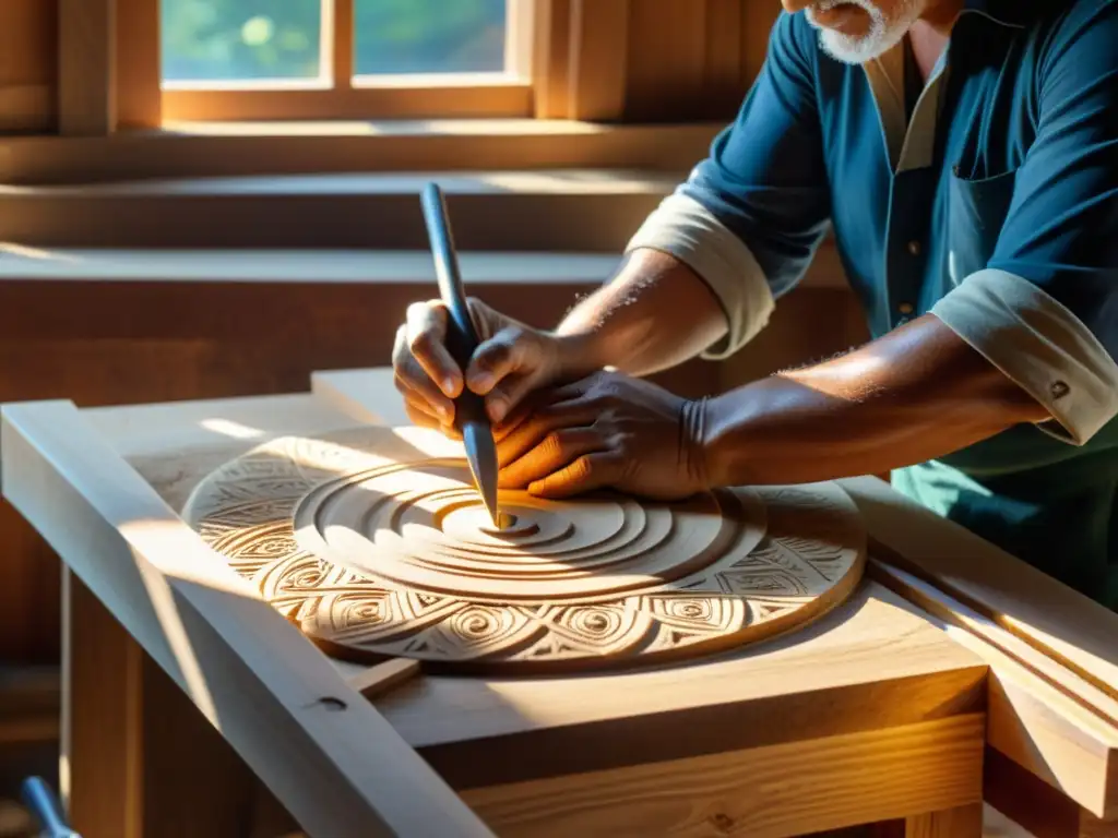 Un artesano experto talla con precisión diseños en madera de ney persa, rodeado de herramientas tradicionales