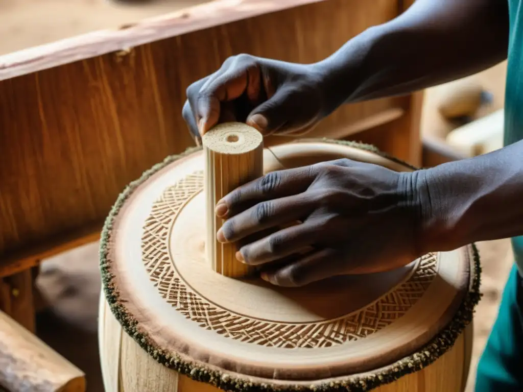 Un artesano experto talla con esmero un Bougarabou de madera, mostrando habilidad y dedicación