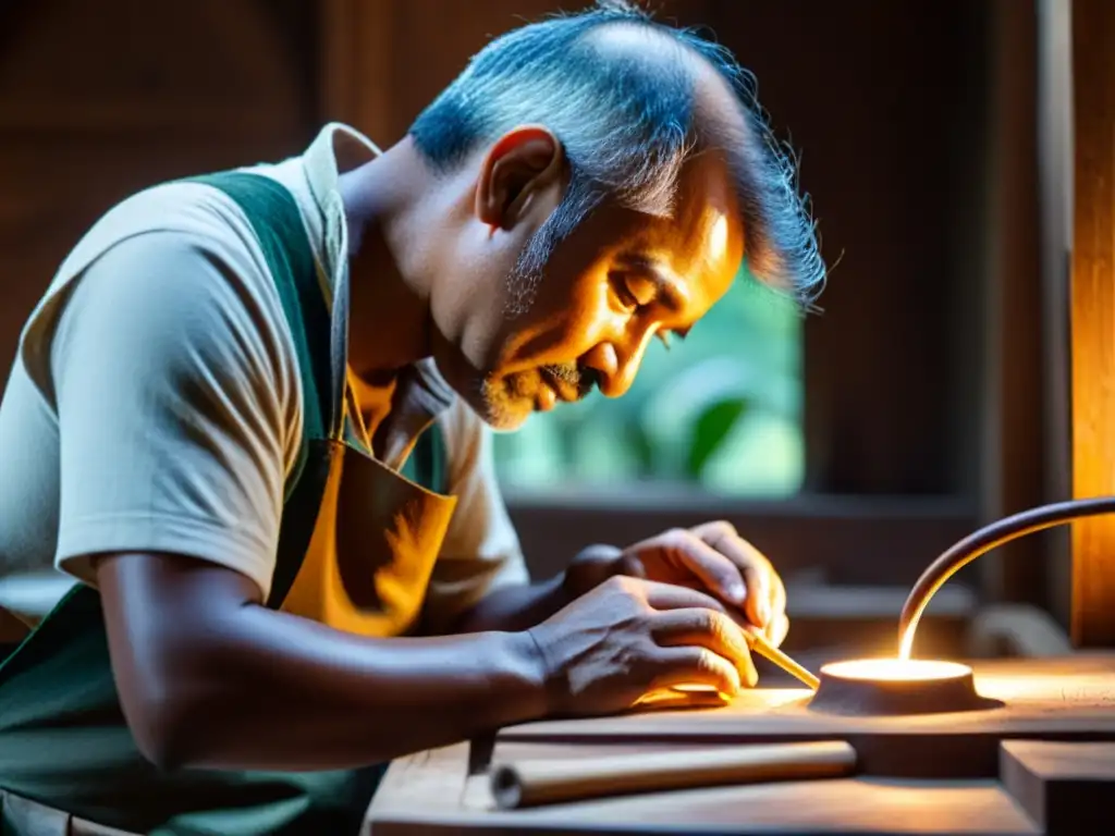 Un artesano experto talla con esmero un instrumento de viento en un taller iluminado por la luz del sol