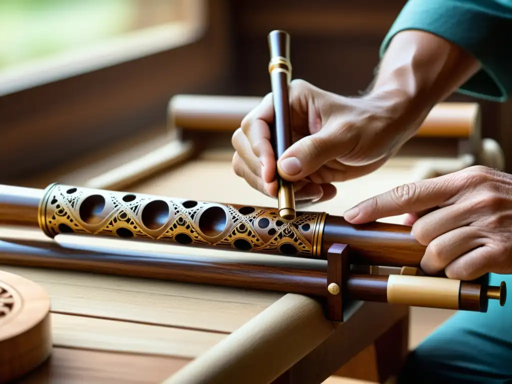 Un artesano experto talla una flauta de madera, destacando su elaboración detallada