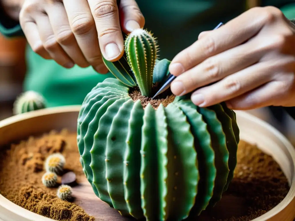 Un artesano experto talla y da forma a un cactus en un instrumento percusivo, mostrando las intrincadas texturas y patrones del interior del cactus