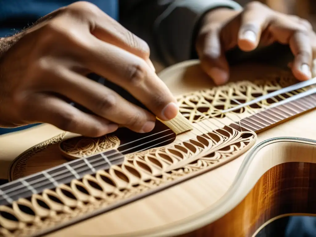 Un artesano experto talla una guitarra con madera sostenible, destacando métodos tradicionales y amigables con el medio ambiente