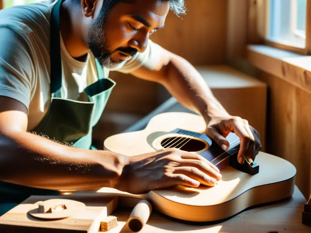 Un artesano experto talla una hermosa guitarra ecológica con madera sostenible