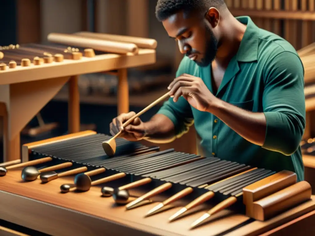 Un artesano experto talla con precisión las intrincadas teclas de madera de una marimba electrónica, rodeado de herramientas y materiales