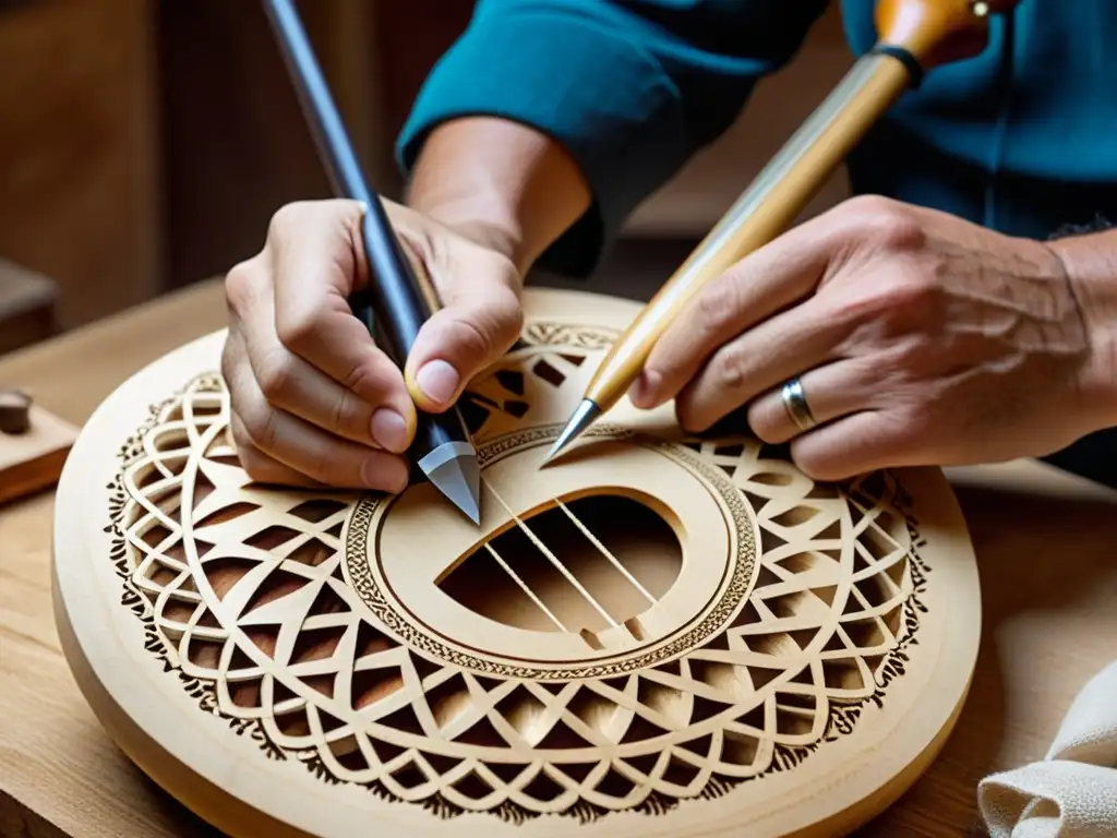 Un artesano experto talla intrincados diseños en un bouzouki griego, mostrando precisión y arte en su construcción