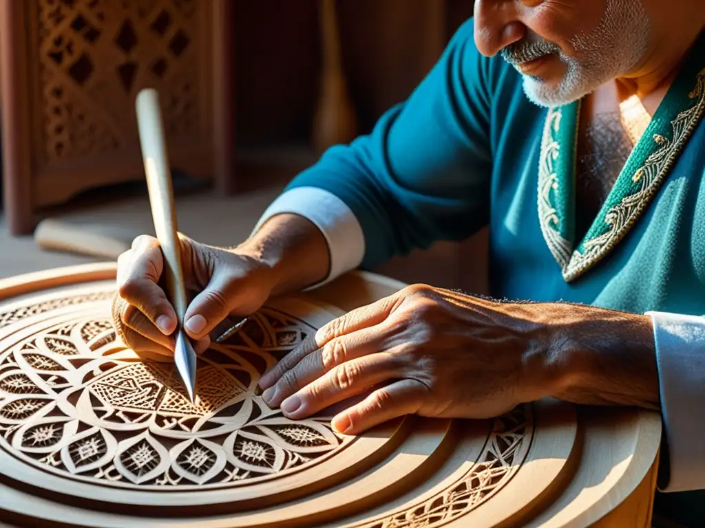 Un artesano experto talla intrincados patrones en un Saz turco, resaltando la rica madera y la artesanía atemporal