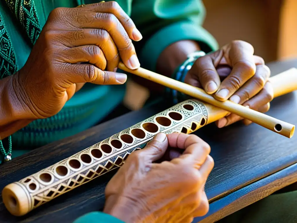 Un artesano experto talla intrincados diseños en una quena, reflejando la importancia cultural del canto de la quena en la región andina