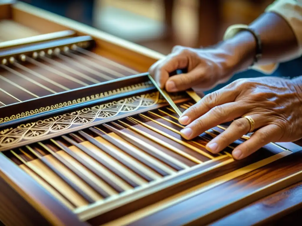 Un artesano experto talla intrincados diseños en la madera de un címbalo, resaltando la historia y relevancia cultural del címbalo