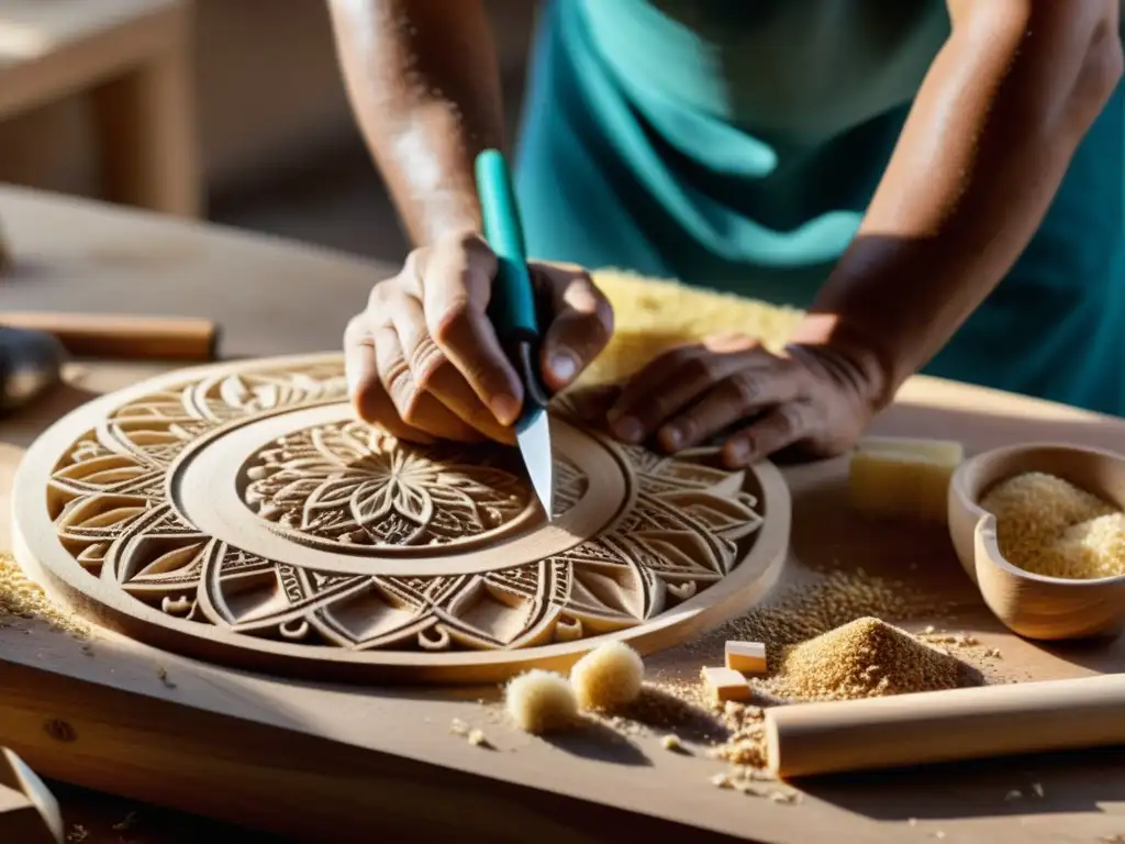 Un artesano experto talla intrincados patrones en madera para construir un Santur Persa, mostrando precisión y dedicación