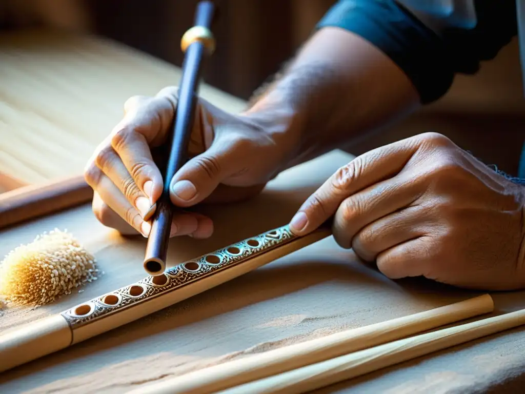 Un artesano experto talla a mano un ney persa, resaltando su construcción detallada y la historia cultural que representa