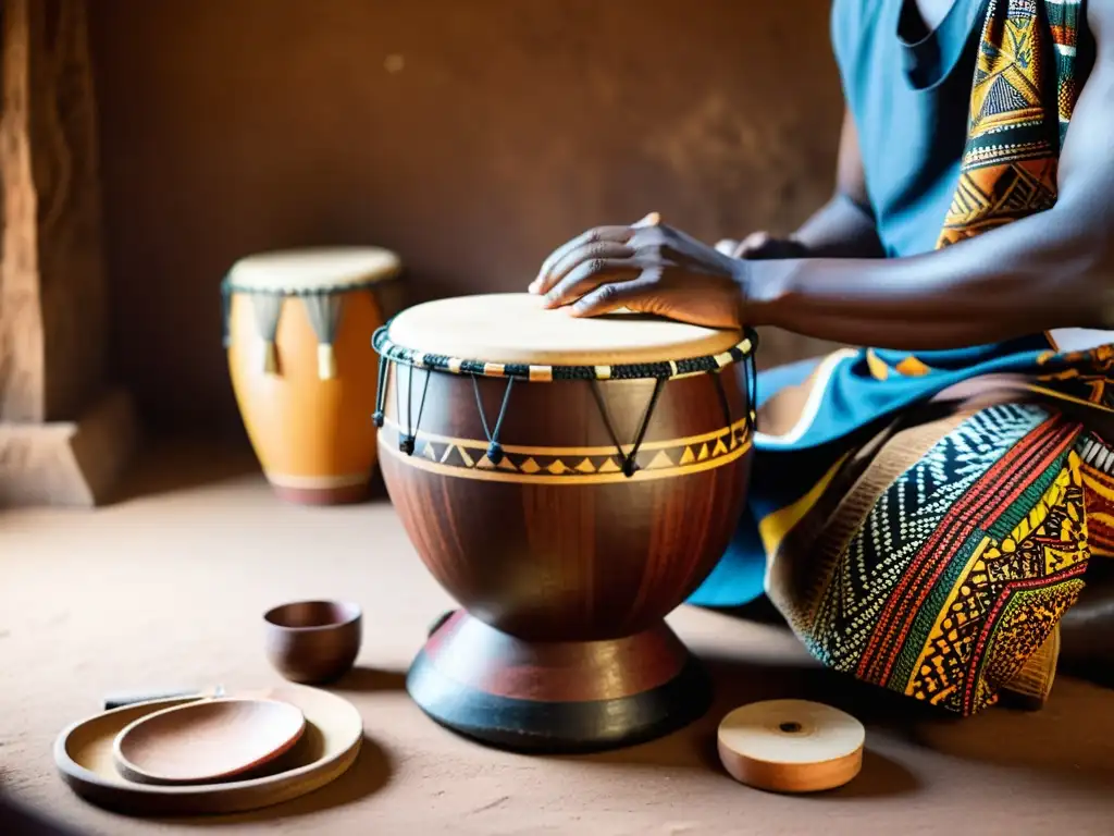 Un artesano experto talla y pinta a mano un djembe africano, rodeado de materias primas y colores cálidos