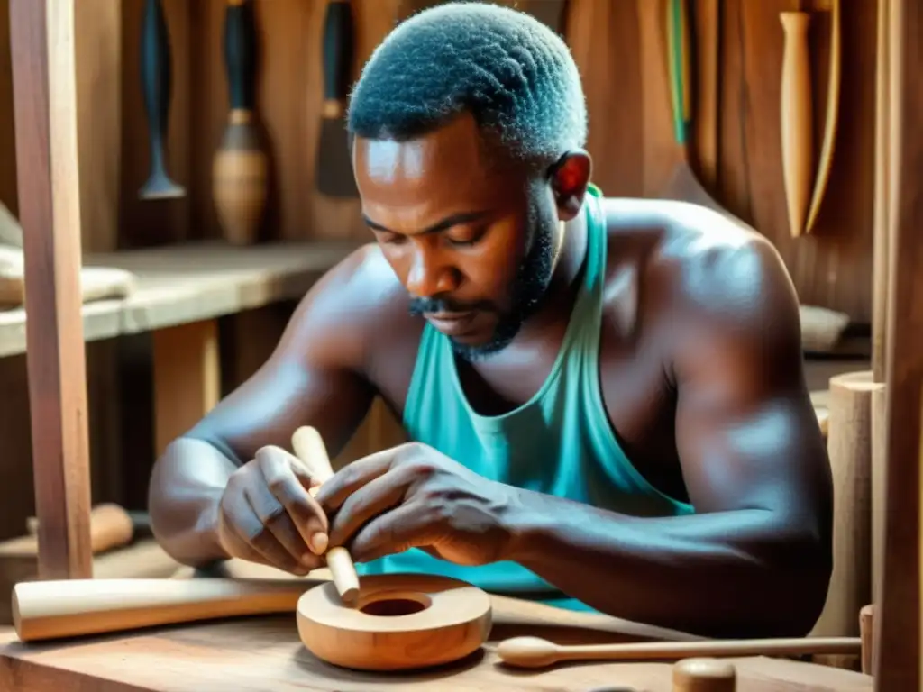 Un artesano experto talla una marímbula afrocubana tradicional de madera cruda, rodeado de herramientas y materiales de carpintería