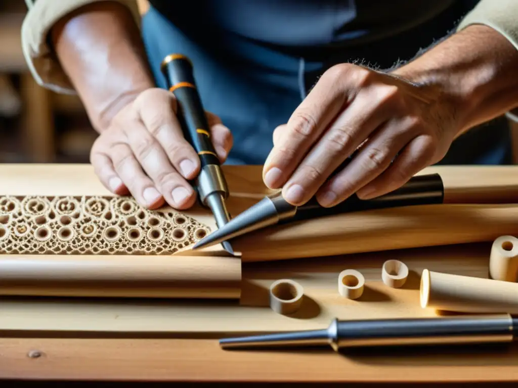 Un artesano experto talla con meticulosidad los detalles de un clarinete bajo en jazz en madera fina, mostrando destreza y pasión por su oficio