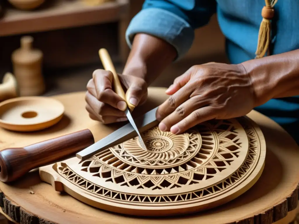 Un artesano experto talla con meticulosidad la madera para construir un charango en América del Sur, destacando la artesanía y tradición cultural