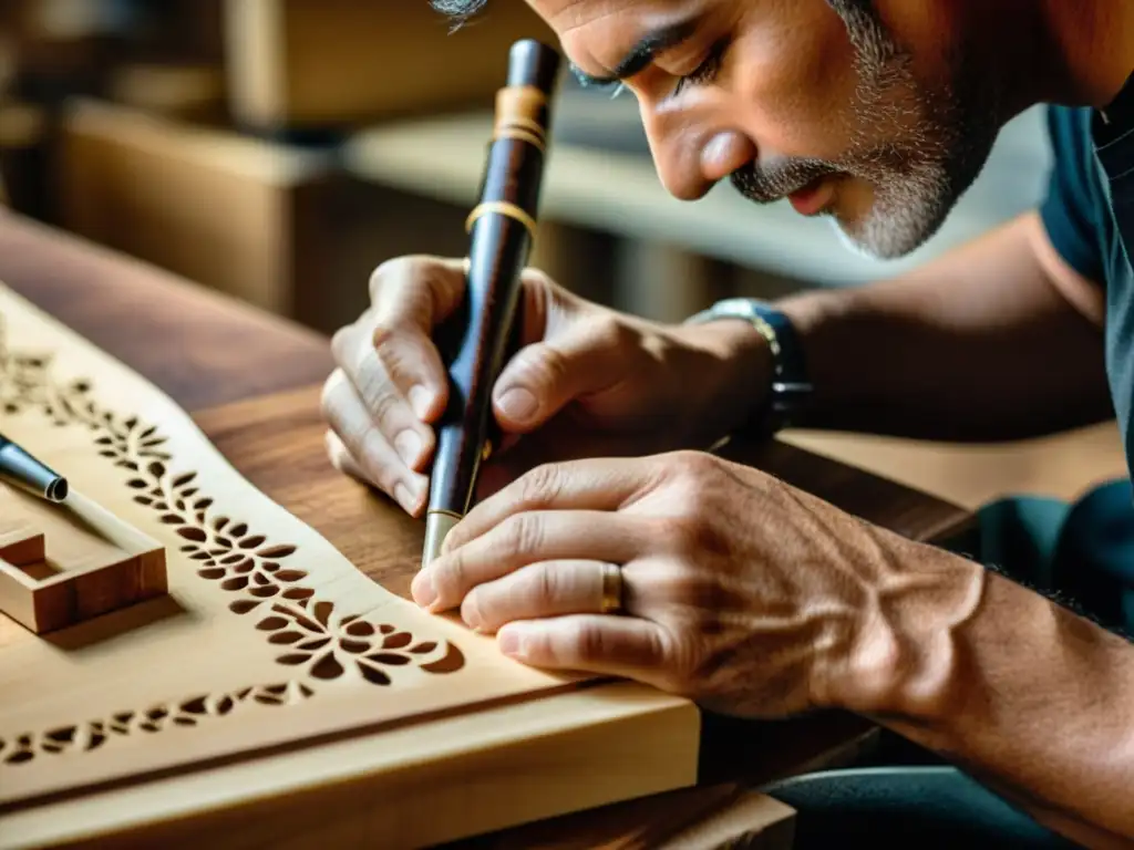 Un artesano experto talla con precisión un oboe o clarinete sostenible, destacando la artesanía tradicional y la ecoconciencia