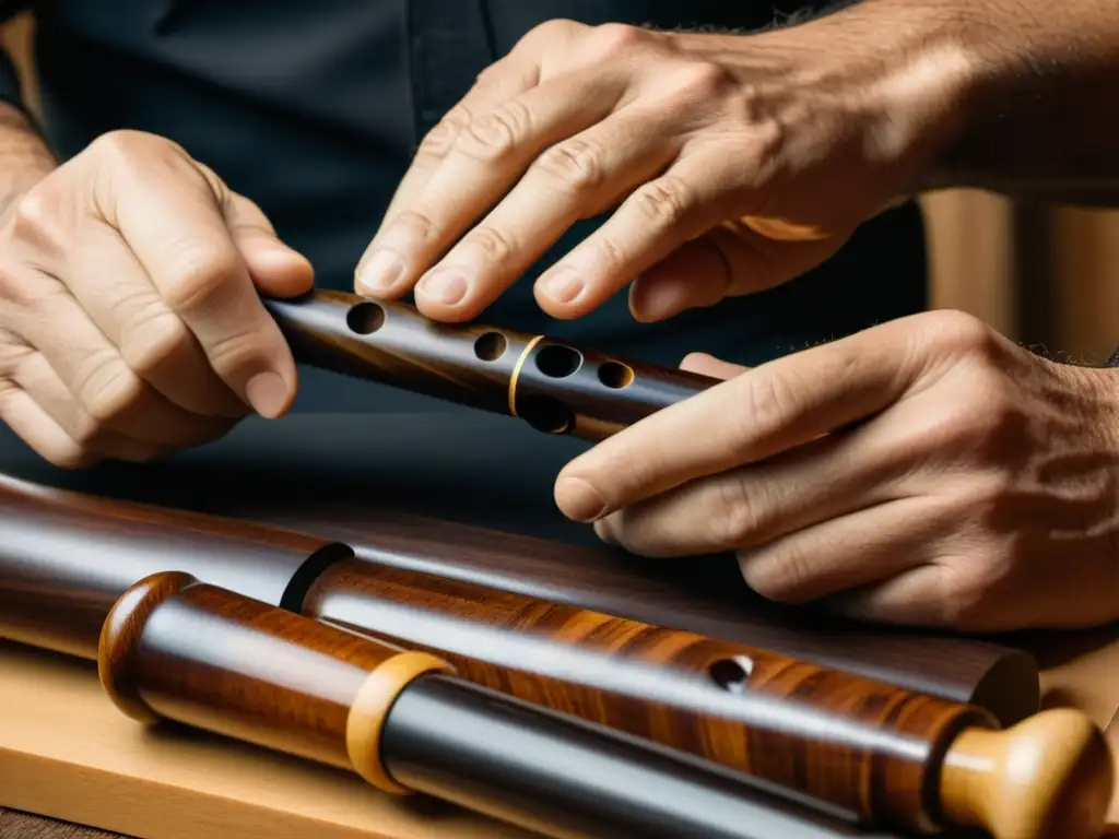 Un artesano experto talla con precisión oboes y clarinetes sostenibles, mostrando la conexión profunda con la tradición musical