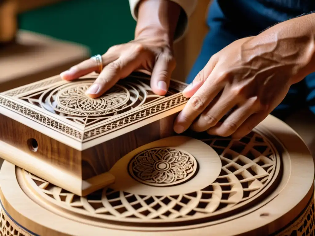 Un artesano experto talla con precisión patrones geométricos en un cajón flamenco de madera, destacando la artesanía y la historia del instrumento