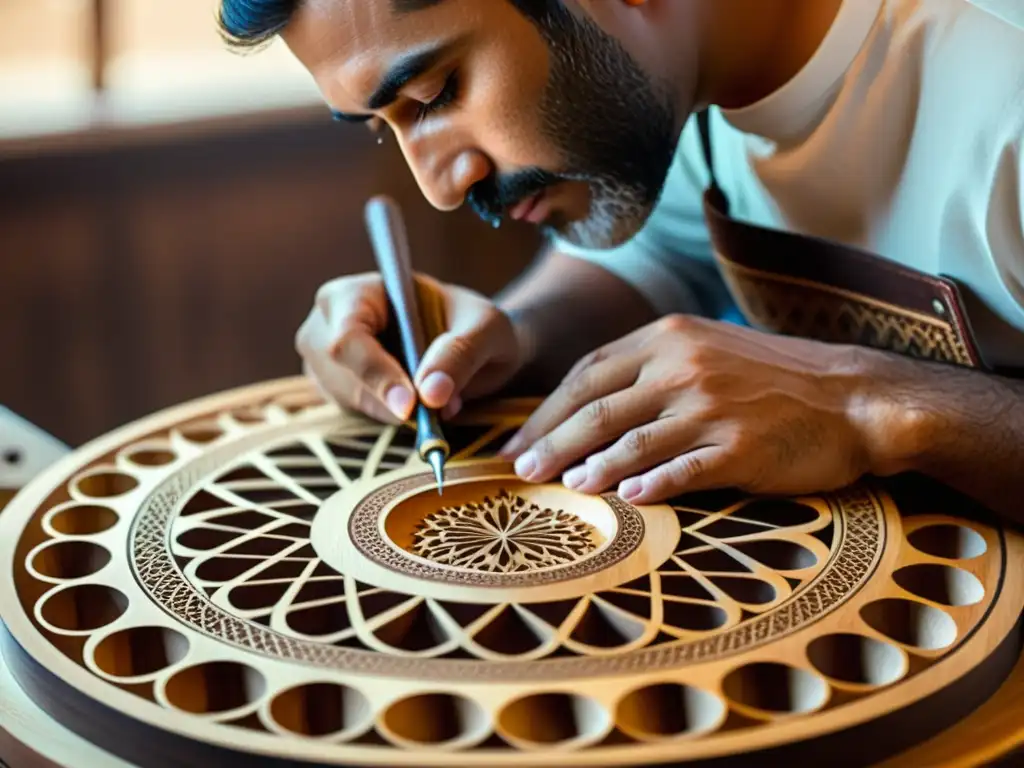 Un artesano experto talla patrones geométricos en la caja de resonancia de un oud, mostrando la historia y relevancia cultural del Oud árabe