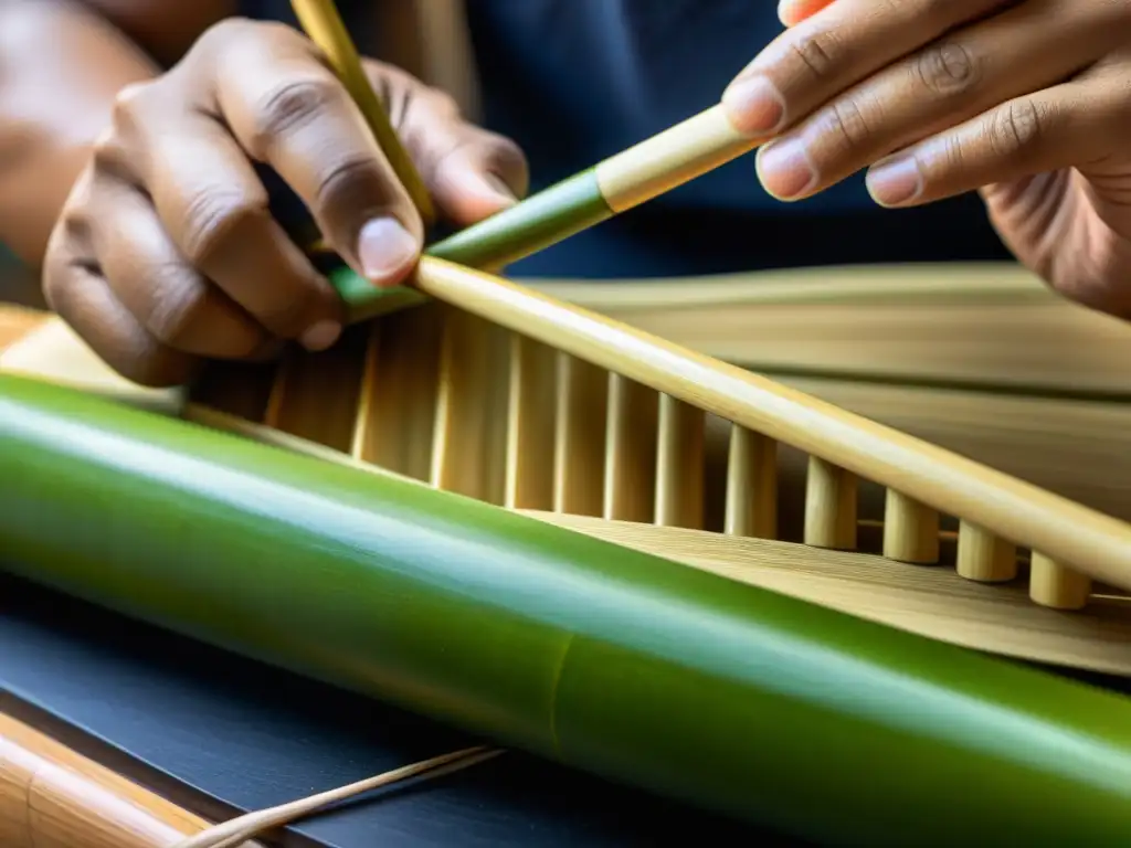 Un artesano experto talla con precisión un instrumento musical de bambú, destacando la artesanía y dedicación