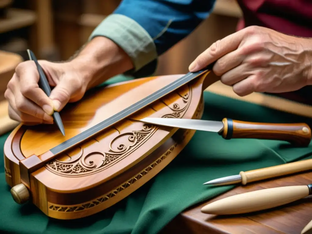 Un artesano experto talla con precisión un dulcémele Apalaches, evocando la espiritualidad de la música en su taller