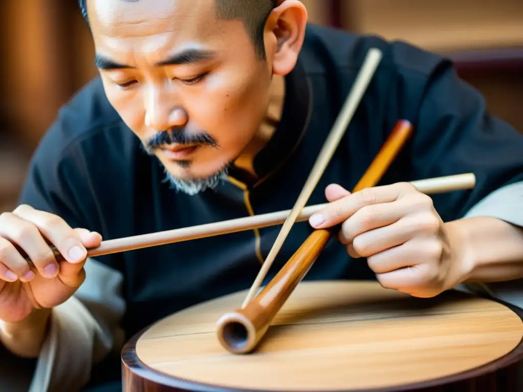 Un artesano experto talla con precisión el cuerpo de madera de un Erhu, mostrando la historia y sonido del erhu chino