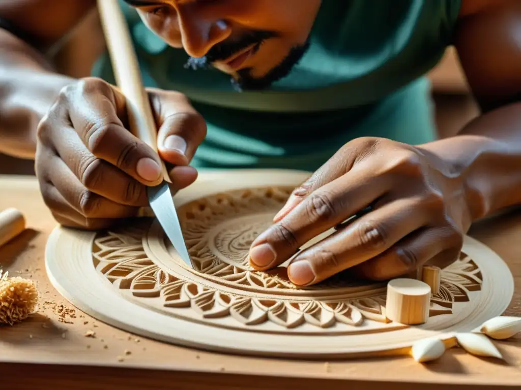 Un artesano experto talla con precisión el cuerpo de madera de un timple canario, exudando herencia y dedicación a la artesanía del timple